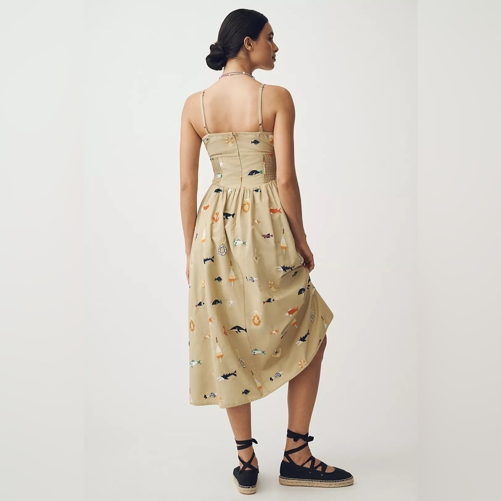 NWT! Maeve Sleeveless Square-Neck Drop-Waist Midi Dress Fish Embroidered 🖼️🎢 - Picture 3 of 5